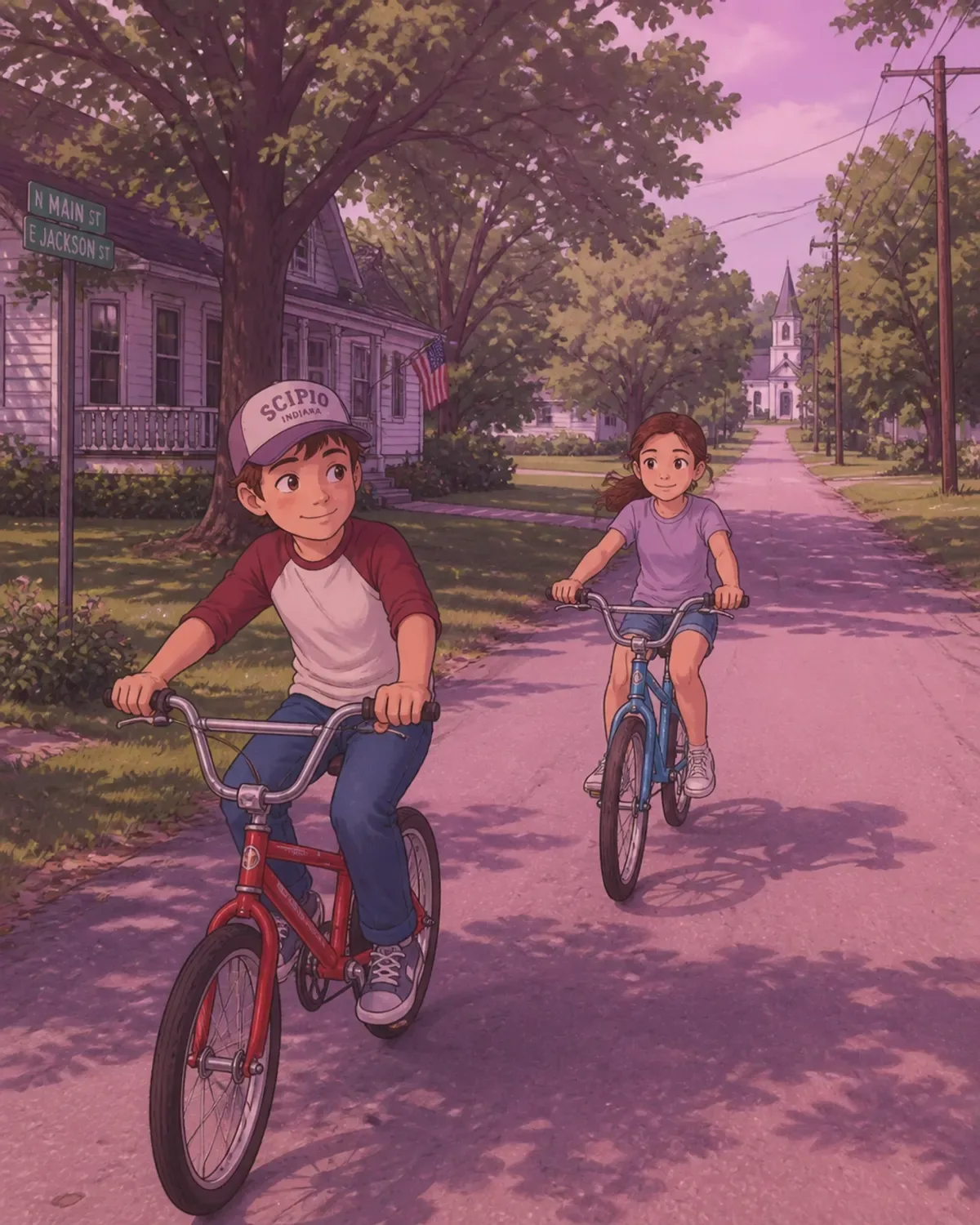 Children riding bikes safely in a rural Indiana town