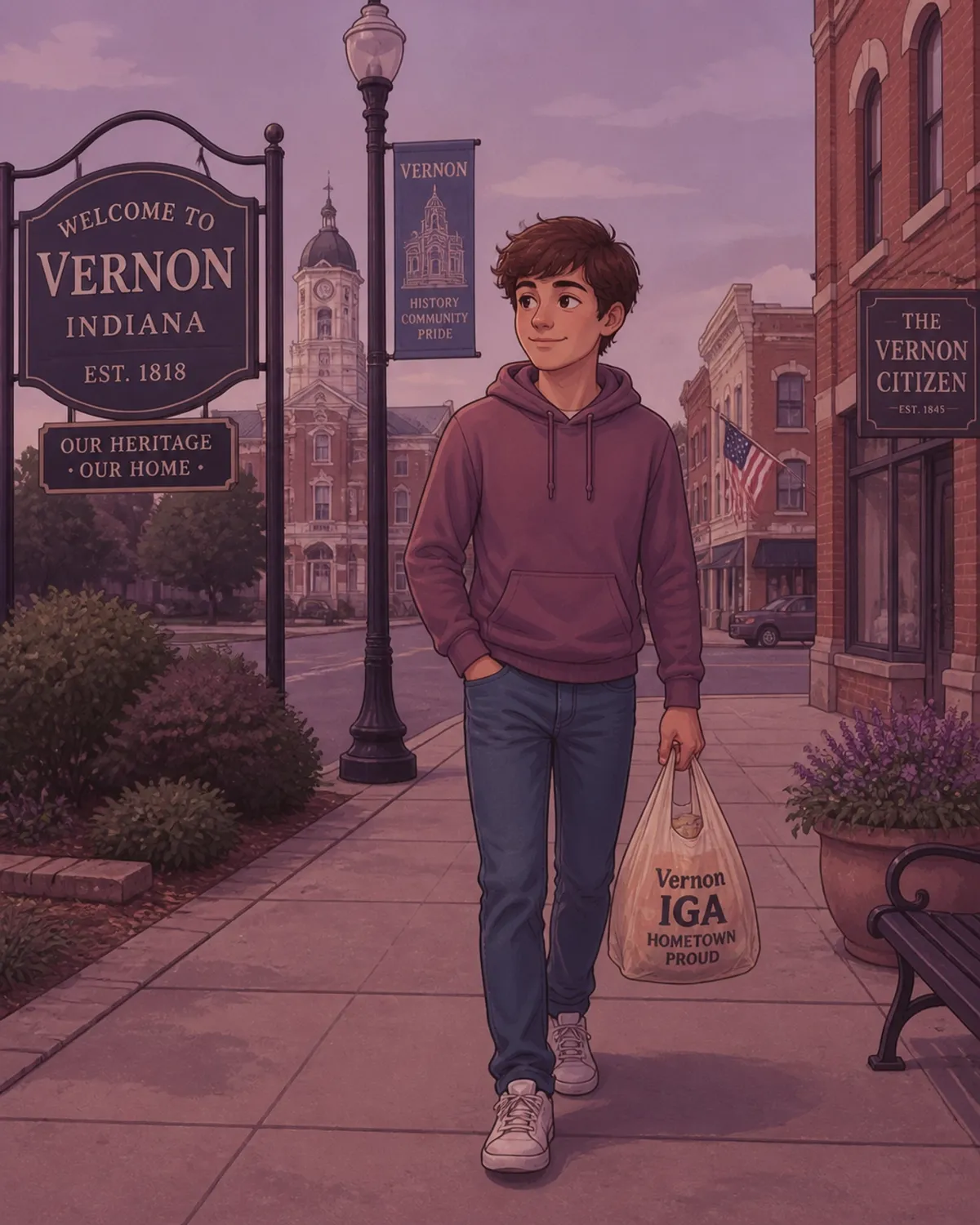A young teenager walking home with groceries in historic Vernon, Indiana
