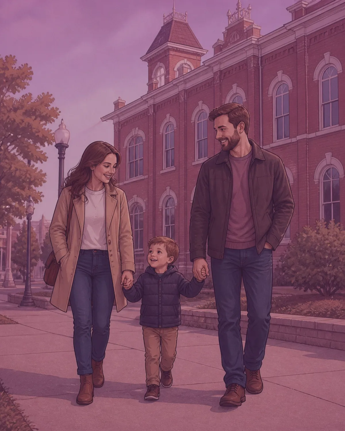 A happy family walking in front of a historic building in Vernon
