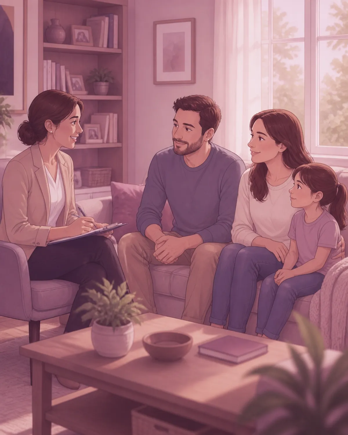 A professional woman conducting a home study with a family
