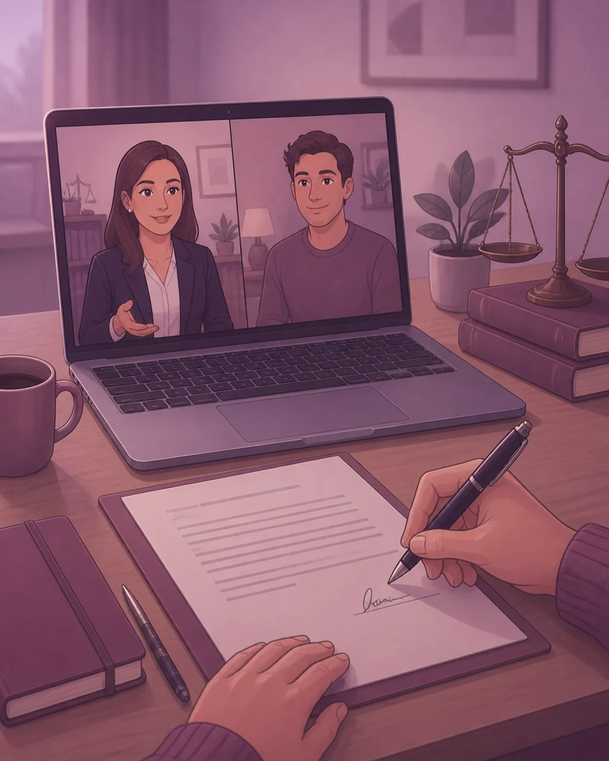 A laptop screen showing a video call for legal consent signing