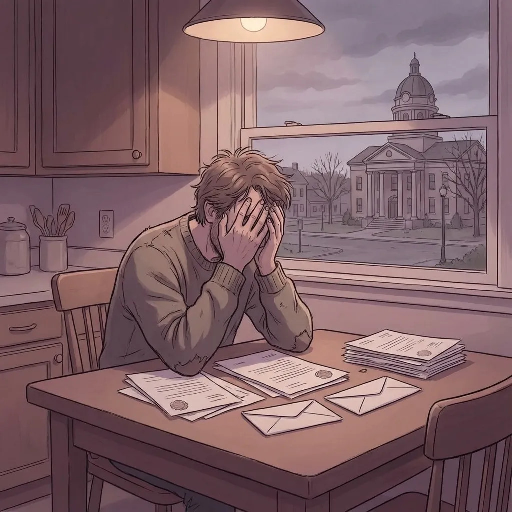A stressed rural Indiana resident overwhelmed by a stack of unopened debt collection letters