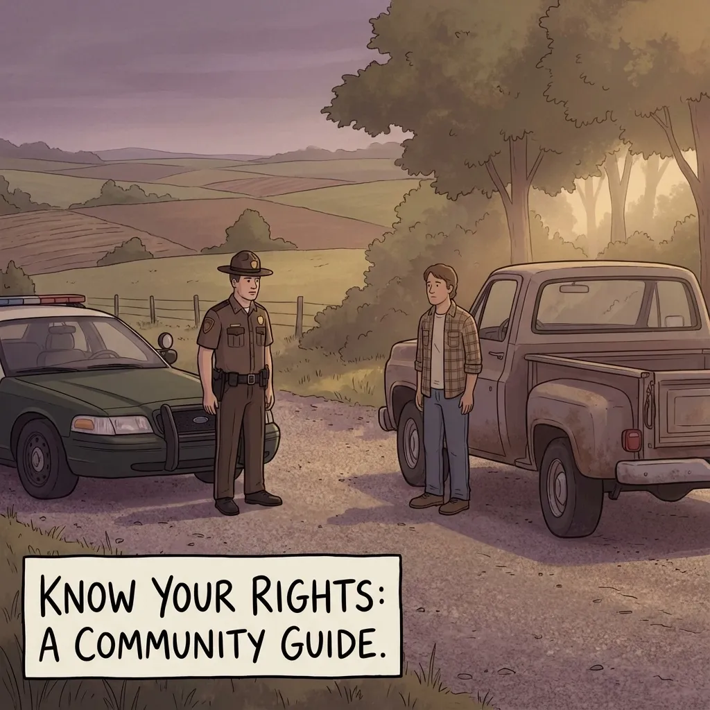 Know Your Rights: A rural Indiana traffic stop scene showing an officer and driver beside a pickup truck