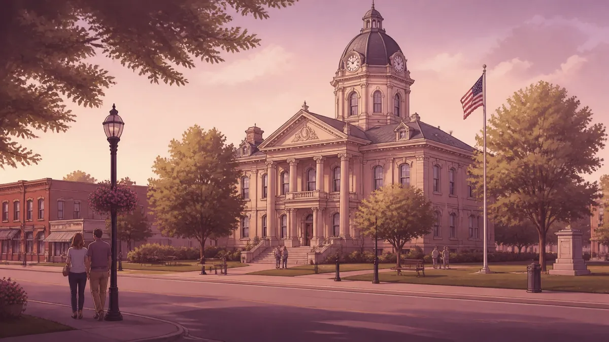 A peaceful small-town courthouse exterior in Indiana with a warm, approachable local feel