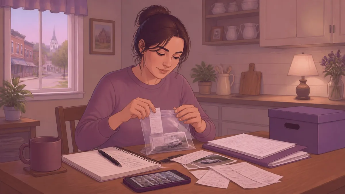 A person at a kitchen table carefully organizing a phone, receipts, and notes to preserve important evidence