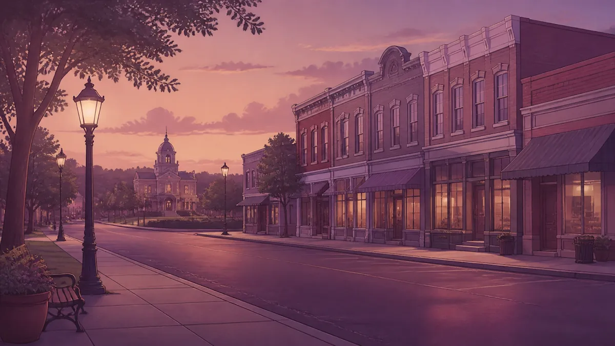 A quiet small-town Jennings County street with calm evening light and empty sidewalks