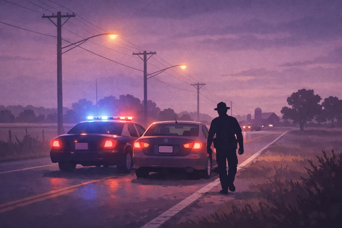 Police officer conducting nighttime OWI traffic stop on Indiana highway
