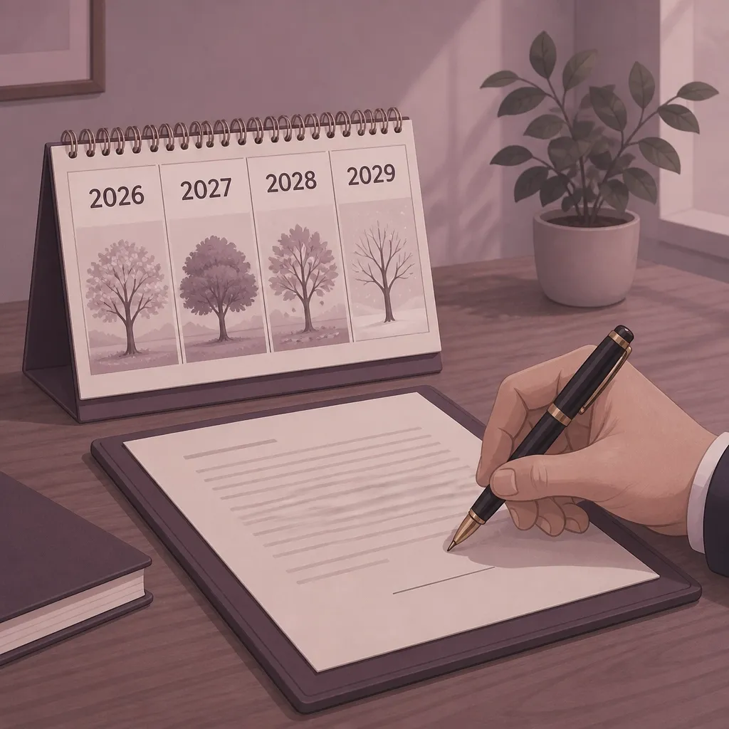 A calendar showing multiple years and a hand ready to sign a document