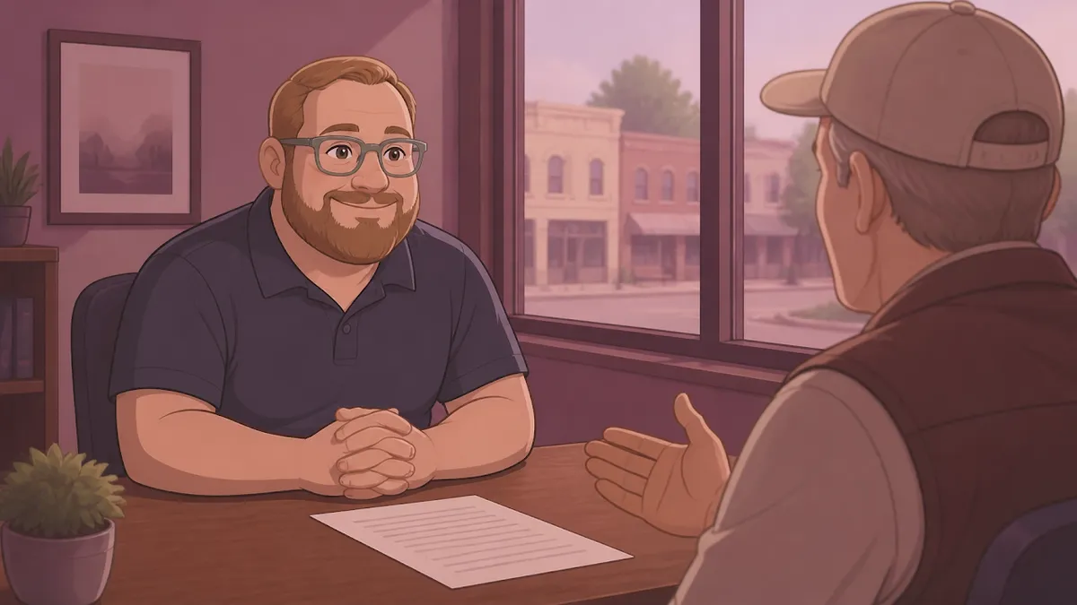 Chris Doran listening to a landlord in his Vernon office