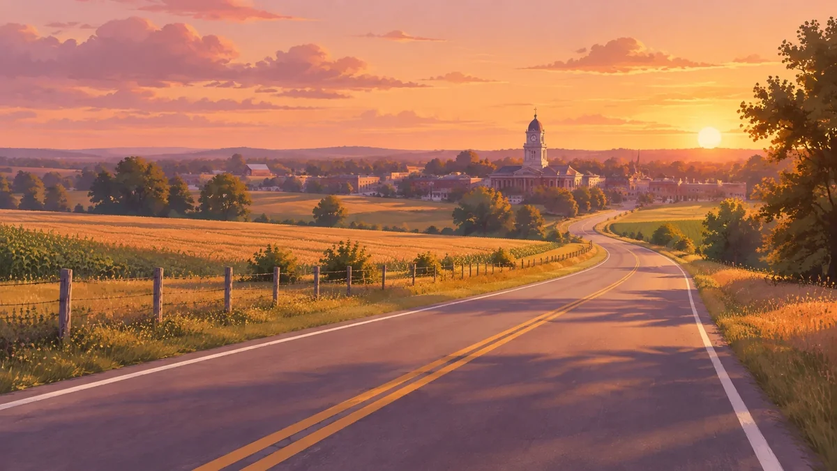 A rural road leading toward Vernon, Indiana and the Jennings County Courthouse at sunset