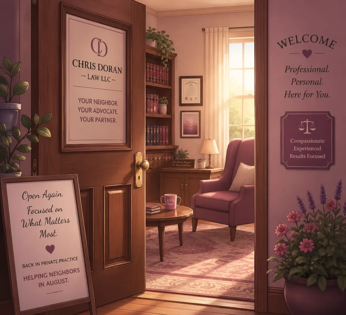Inside the welcoming law office of Chris Doran, a dedicated attorney in North Vernon Indiana