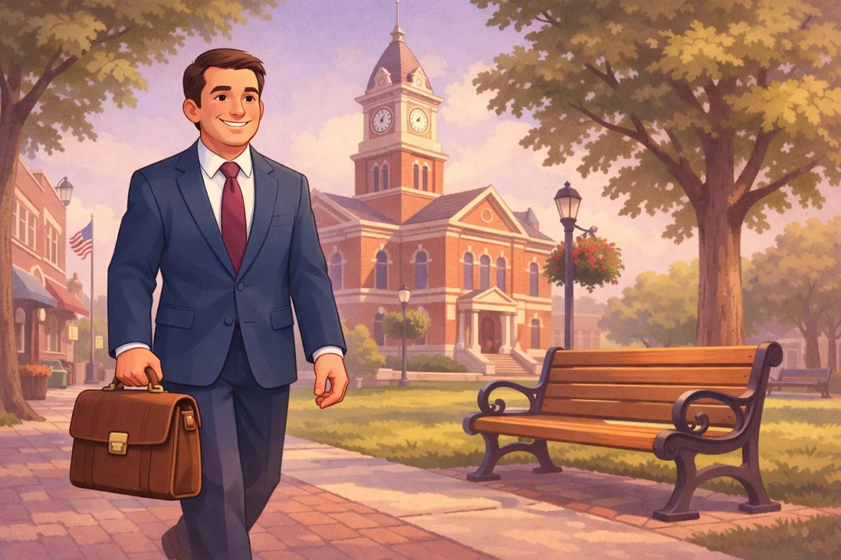 Jennings County attorney walking near the historic courthouse in Vernon, Indiana