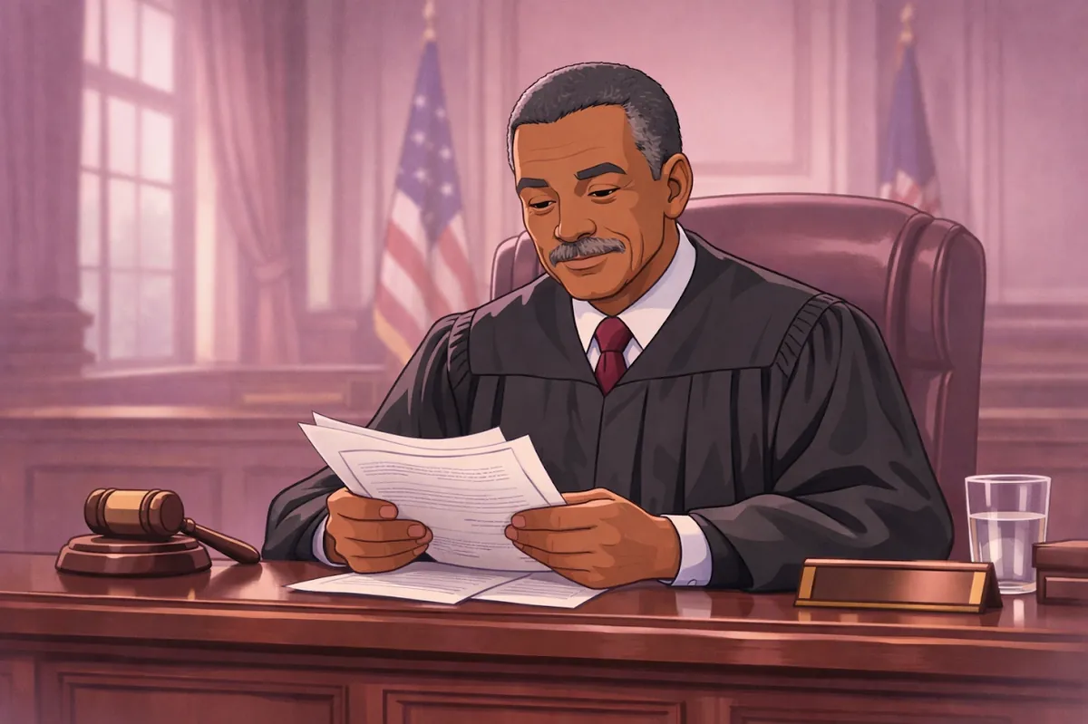 Certified Indiana Senior Judge reviewing legal documents while presiding in a courtroom