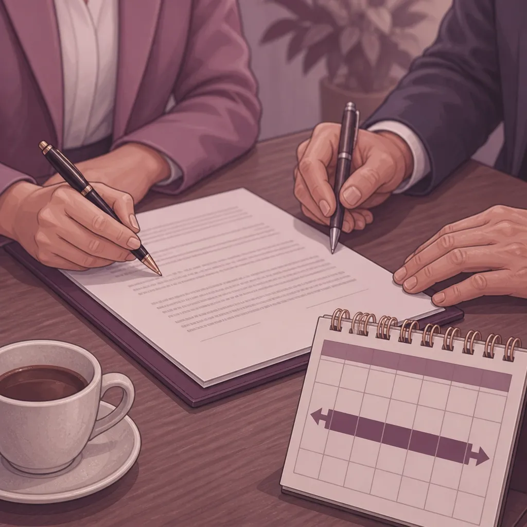Two people signing a legal settlement agreement on a wooden table