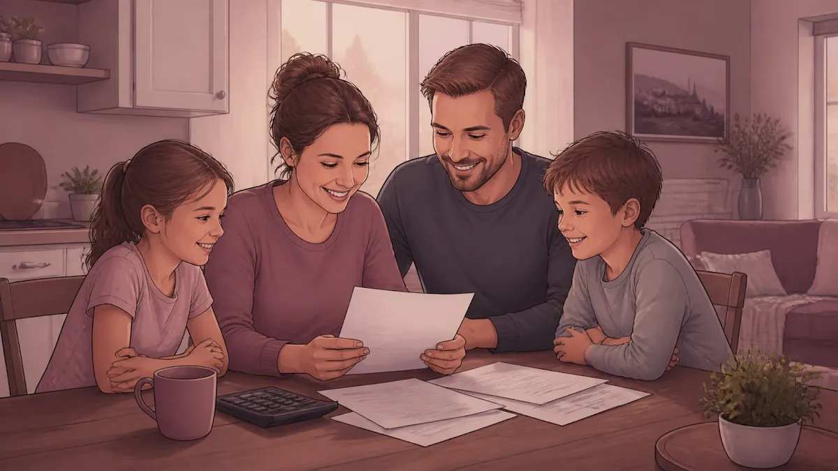 Family at the kitchen table feeling financial peace of mind at home