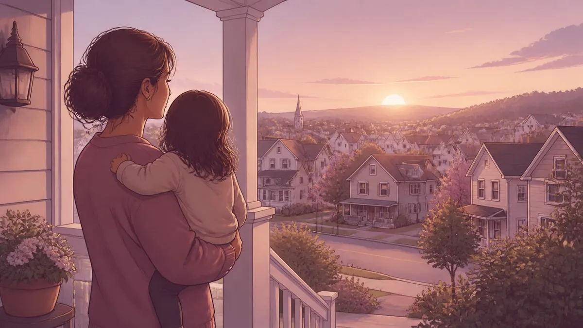 Single parent and child on a peaceful porch in a small-town neighborhood