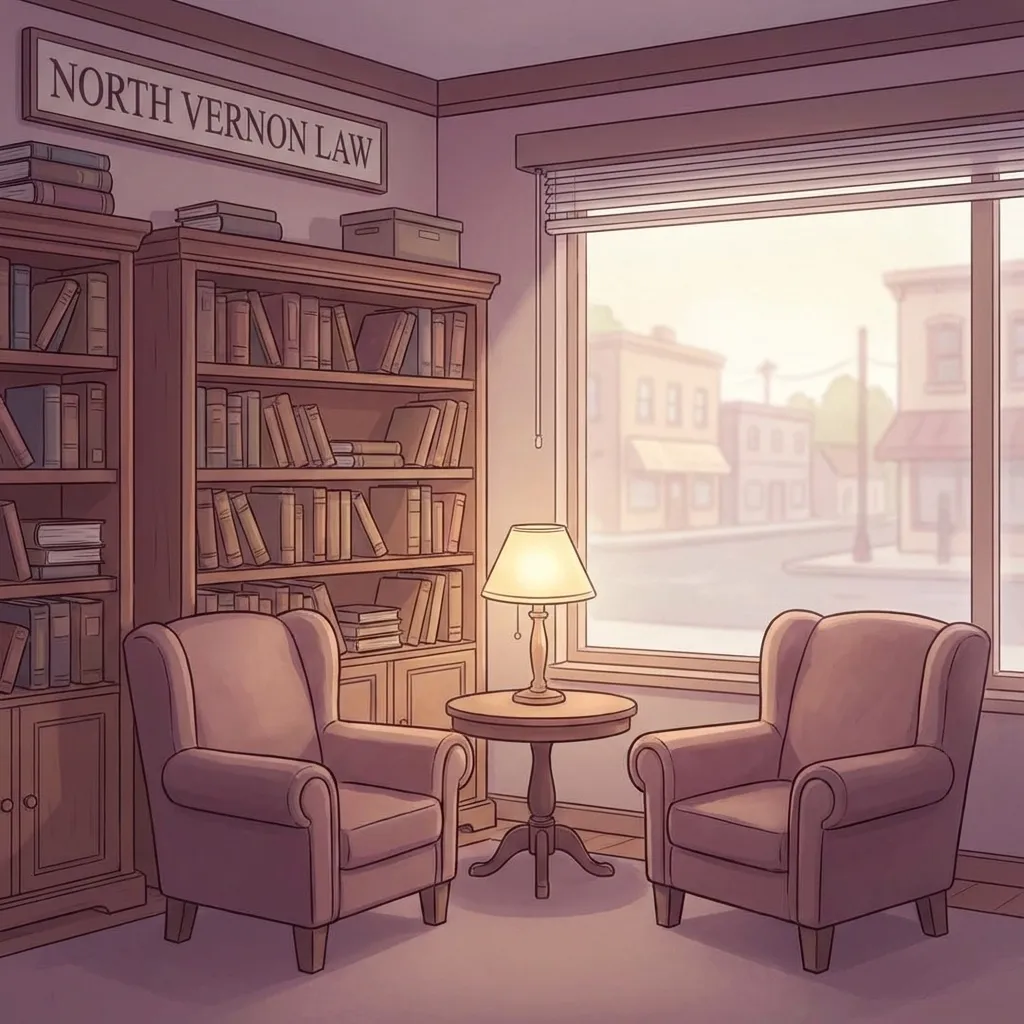 North Vernon Law office with case files and a sunlit window