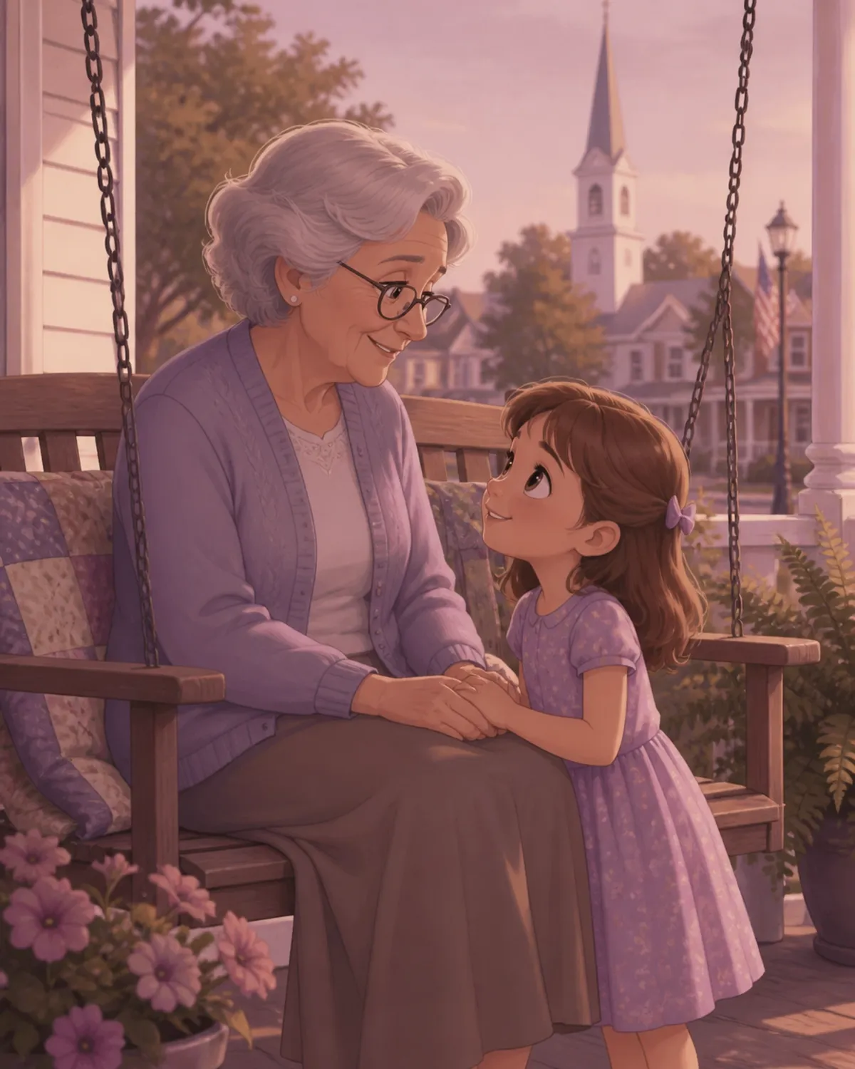 A grandmother and child on a porch swing in Indiana