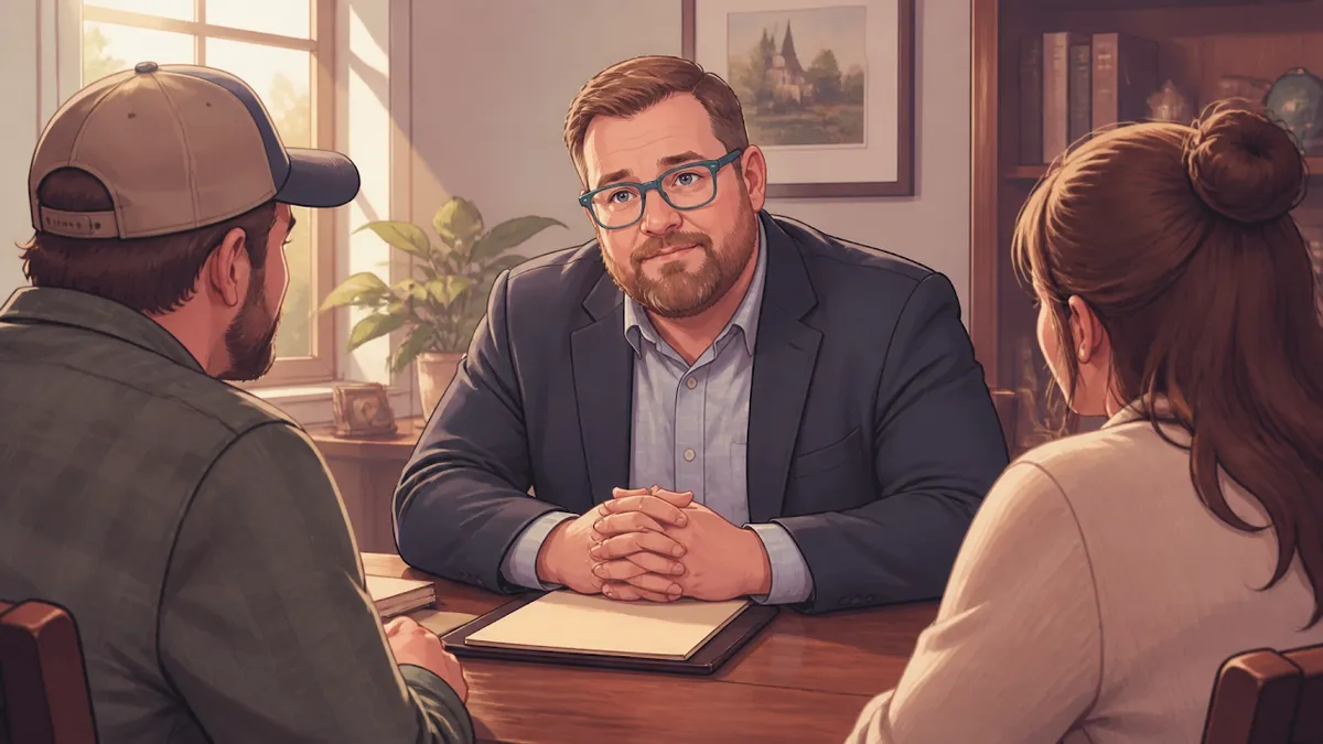 Chris Doran listening to a family in his Vernon office