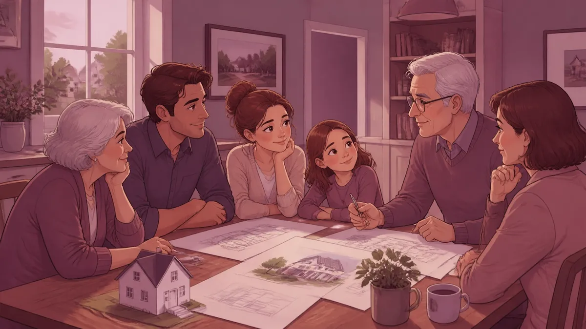 Multigenerational family discussing home and estate planning around a kitchen table