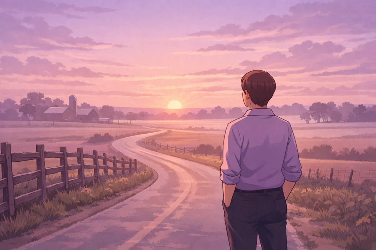 A person looking out over a rural Indiana road at sunrise, contemplating the road ahead