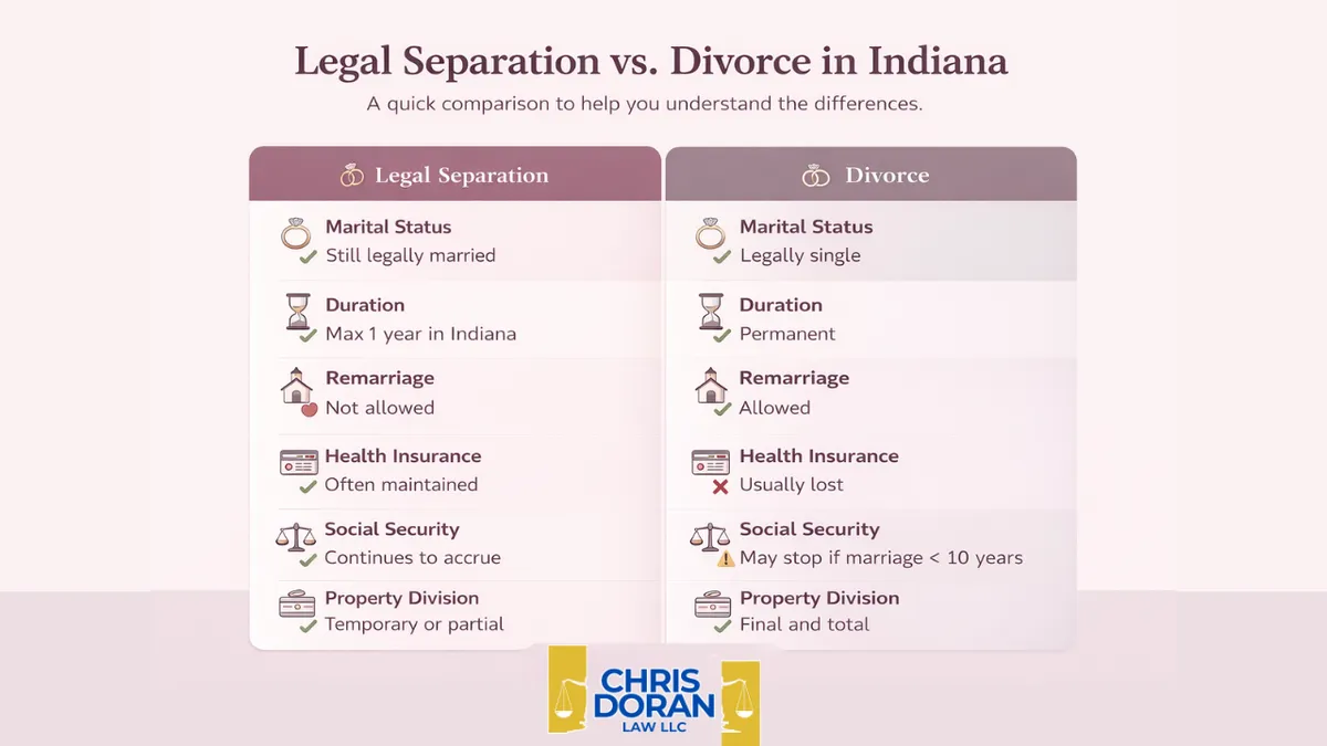 Comparison table of Legal Separation vs. Divorce in Indiana