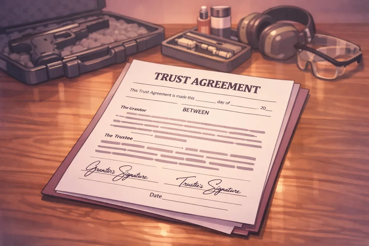 Indiana gun trust legal document on desk with firearms accessories