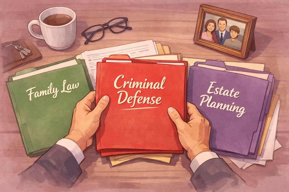 Local attorney desk showing multiple practice areas including criminal defense and family law