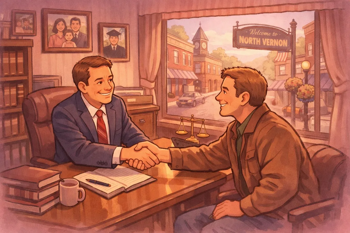 Vernon attorney meeting with client in welcoming small-town law office