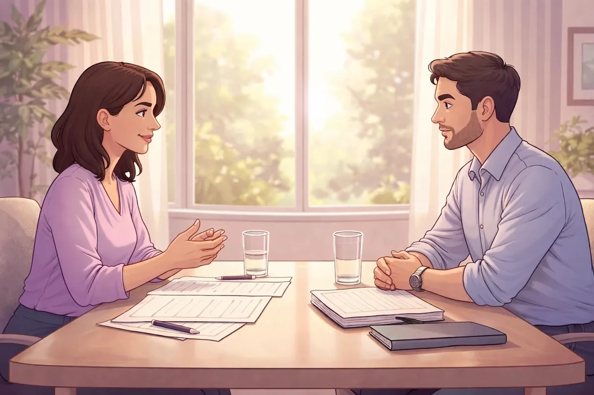 Two people calmly discussing divorce decisions at a mediation table during the Jennings County divorce process