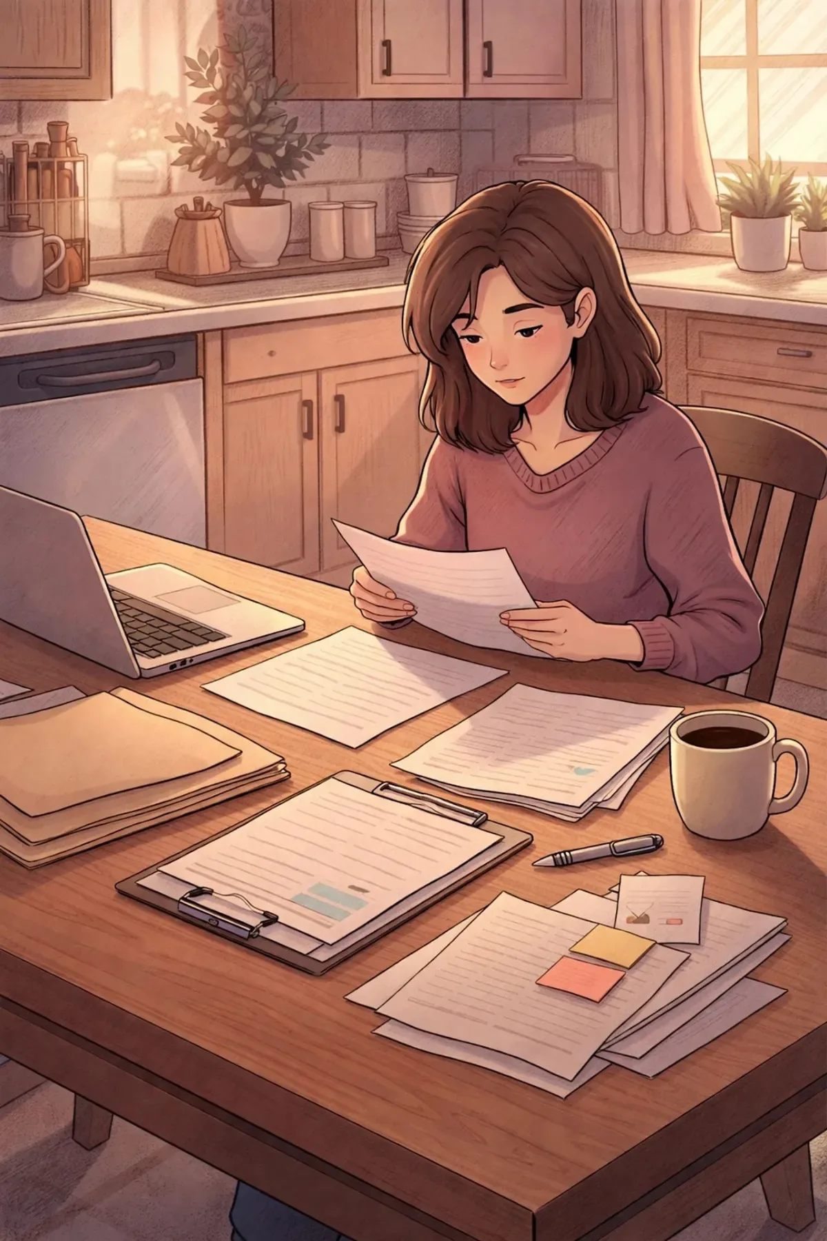 Person organizing divorce paperwork at a kitchen table in Jennings County, Indiana, preparing legal forms for filing