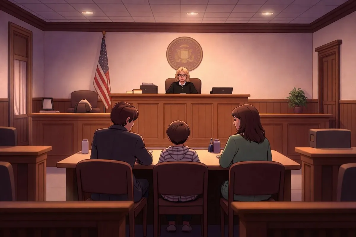 Family and attorney meet with judge in a Vernon Indiana juvenile courtroom during an initial CHINS hearing