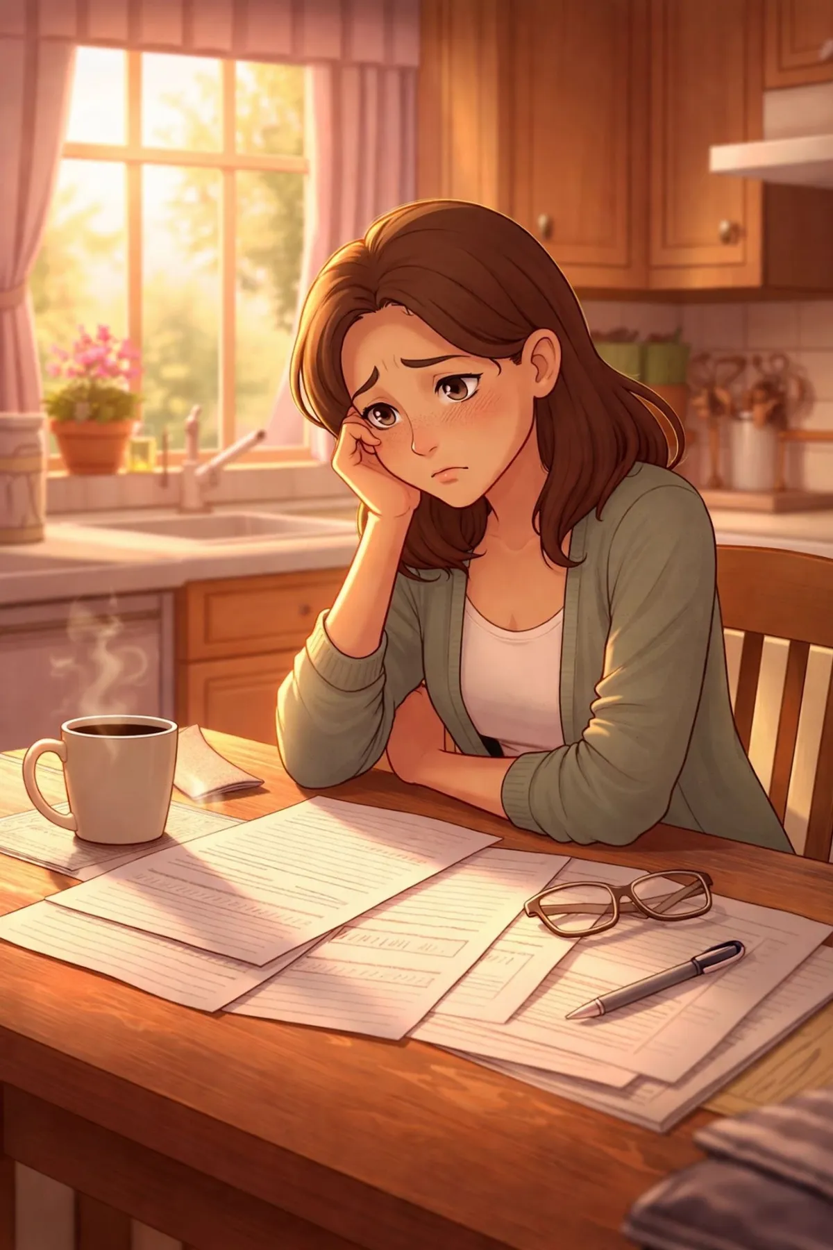 Concerned parent reviewing CHINS legal documents at home in small-town Indiana, highlighting family stress and determination
