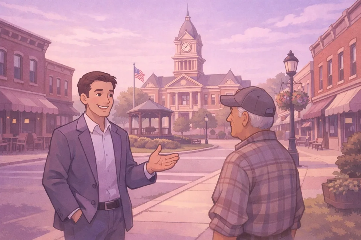 Attorney in North Vernon meeting a neighbor in front of the historic Jennings County courthouse square in Vernon