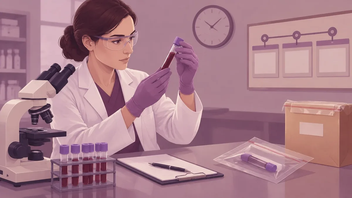 A forensic toxicologist examining a blood sample for substances a breath test cannot detect