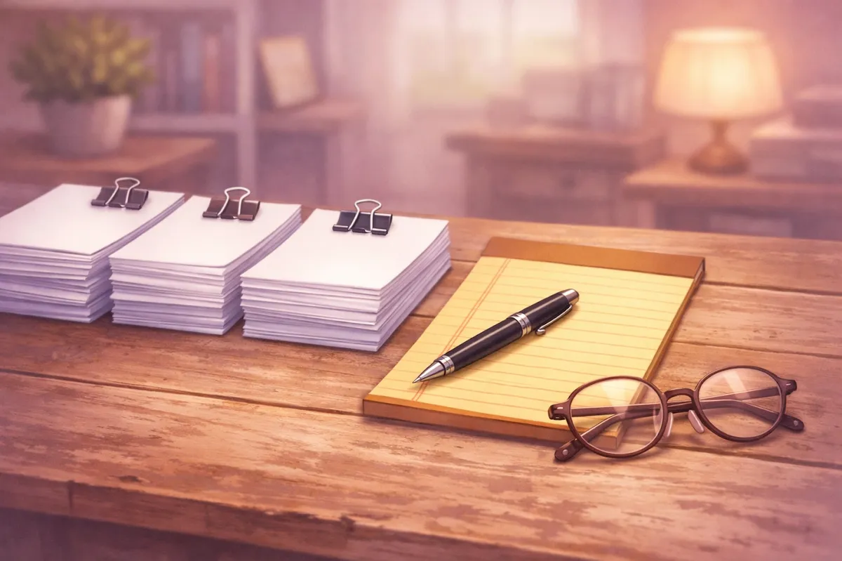 Organized legal documents and notes prepared for a court hearing in Jennings County, Indiana