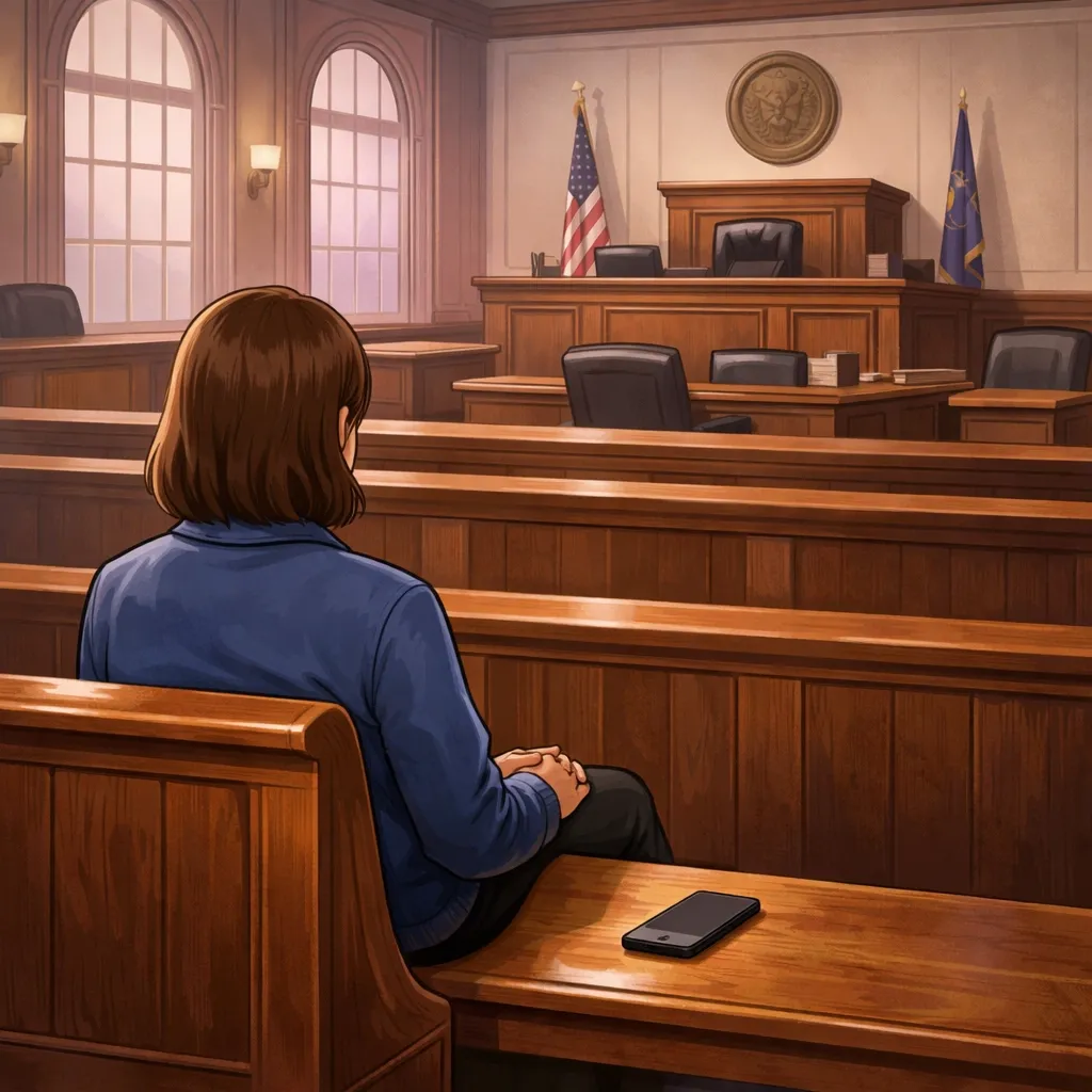 Respectful court etiquette in a Jennings County courtroom with a visitor sitting in the gallery
