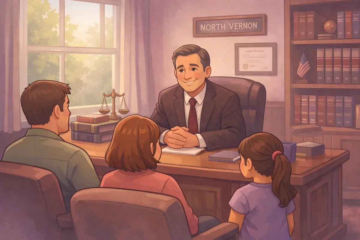 A friendly lawyer in North Vernon Indiana meets with a family to guide them through the local probate process