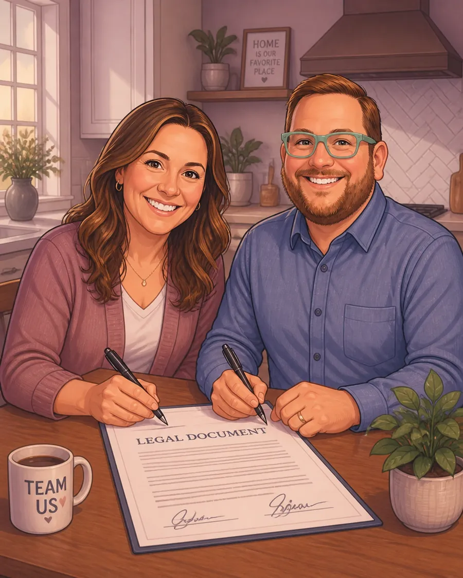A married couple signing a legal document together