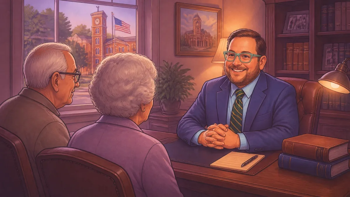 Friendly small town lawyer listening to clients in a cozy office