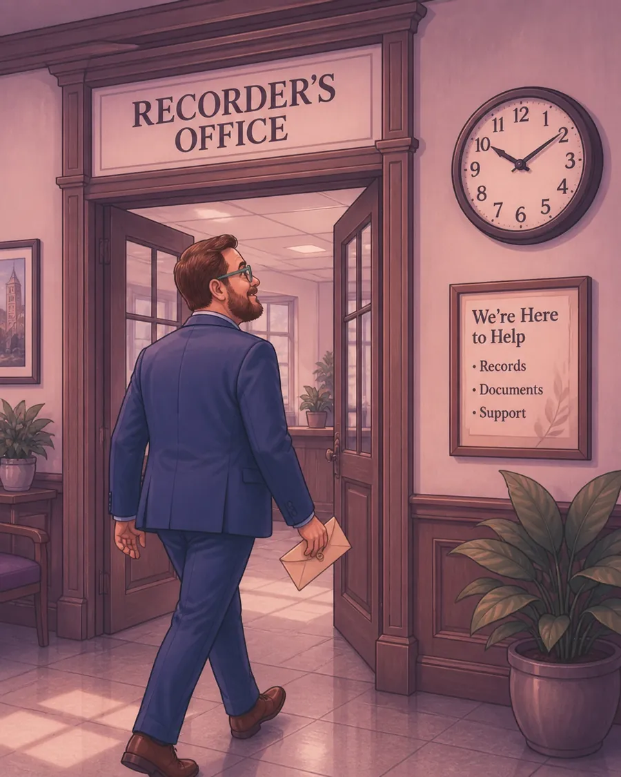 A person at the Recorder office desk with a clock