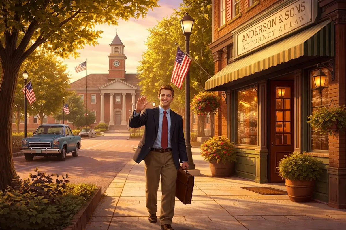 Downtown North Vernon Indiana street scene with law office and courthouse, highlighting local attorneys
