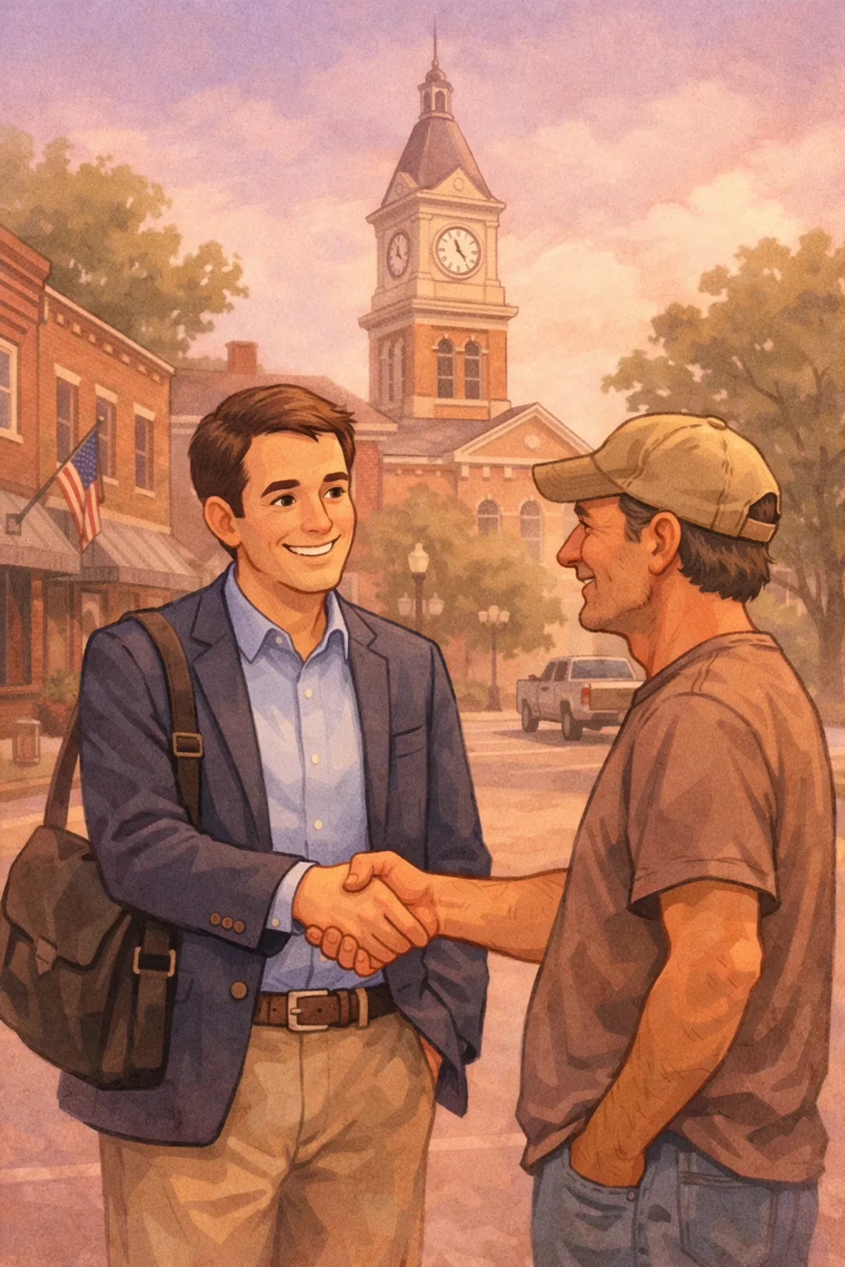 A friendly Jennings County lawyer shaking hands with a local client in a small town setting