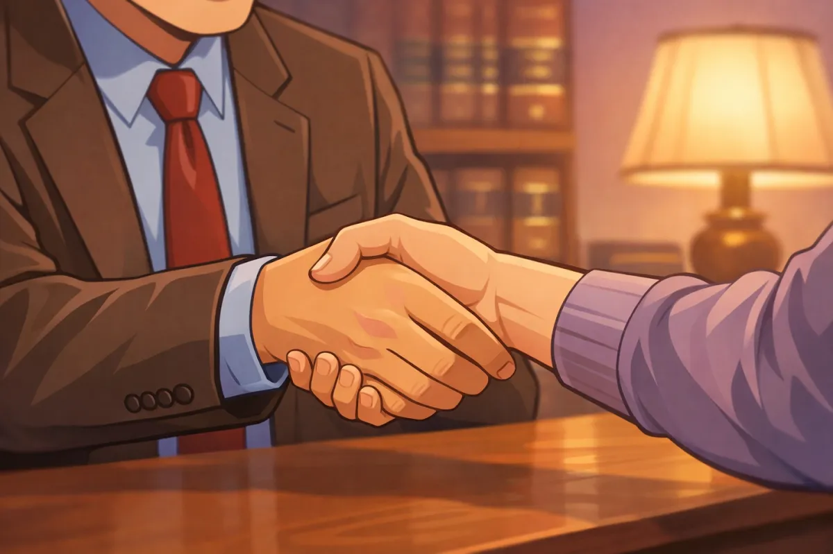 Supportive handshake between a lawyer in North Vernon Indiana and a relieved parent after a consultation