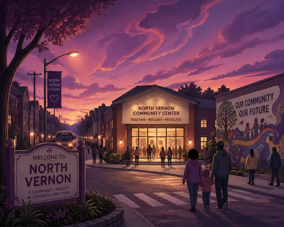 Glowing community center in North Vernon at dusk, illustrating the safety provided by local recovery court services