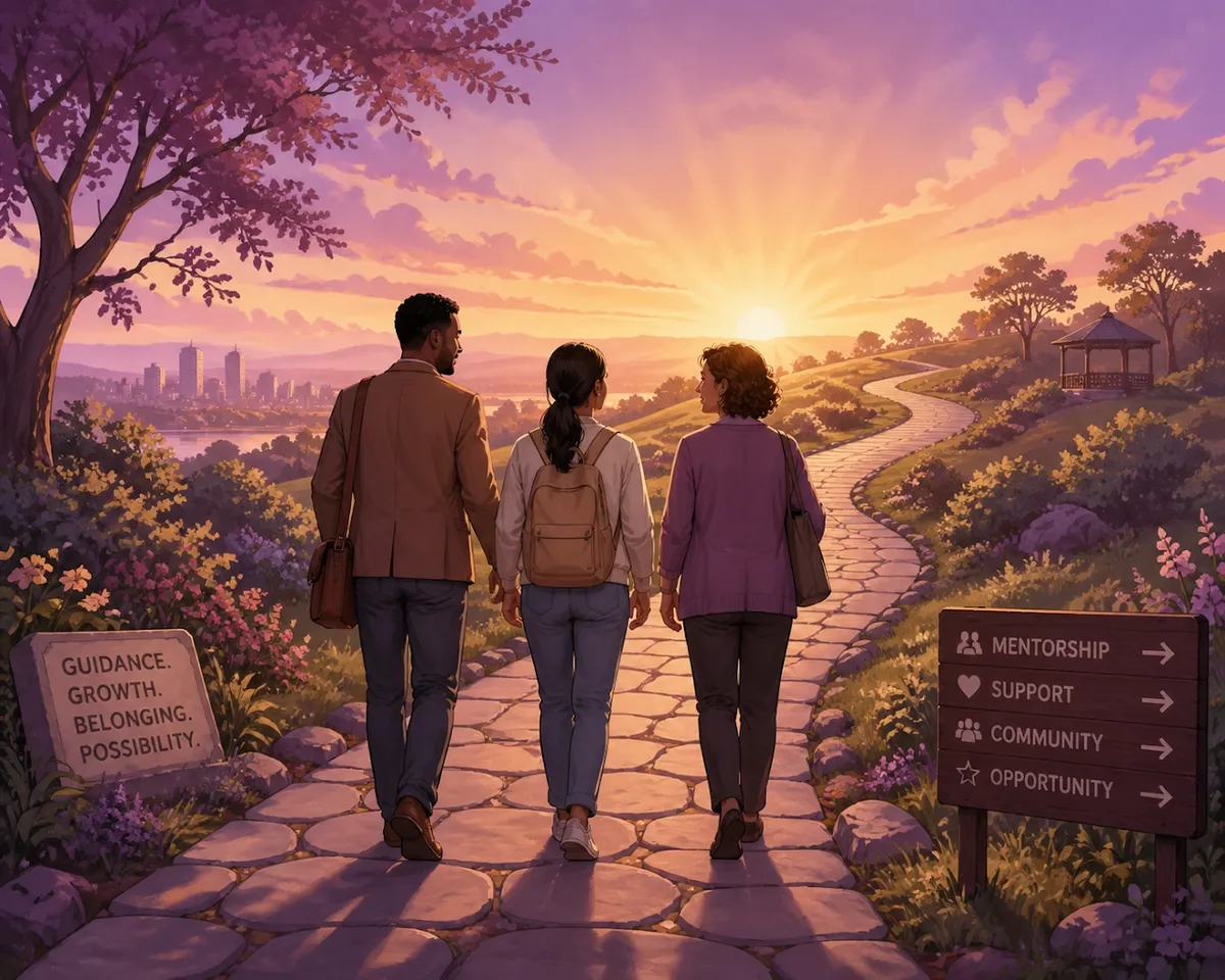 Group walking a sunrise path representing support and guidance in the Jennings County Adult Recovery Court program
