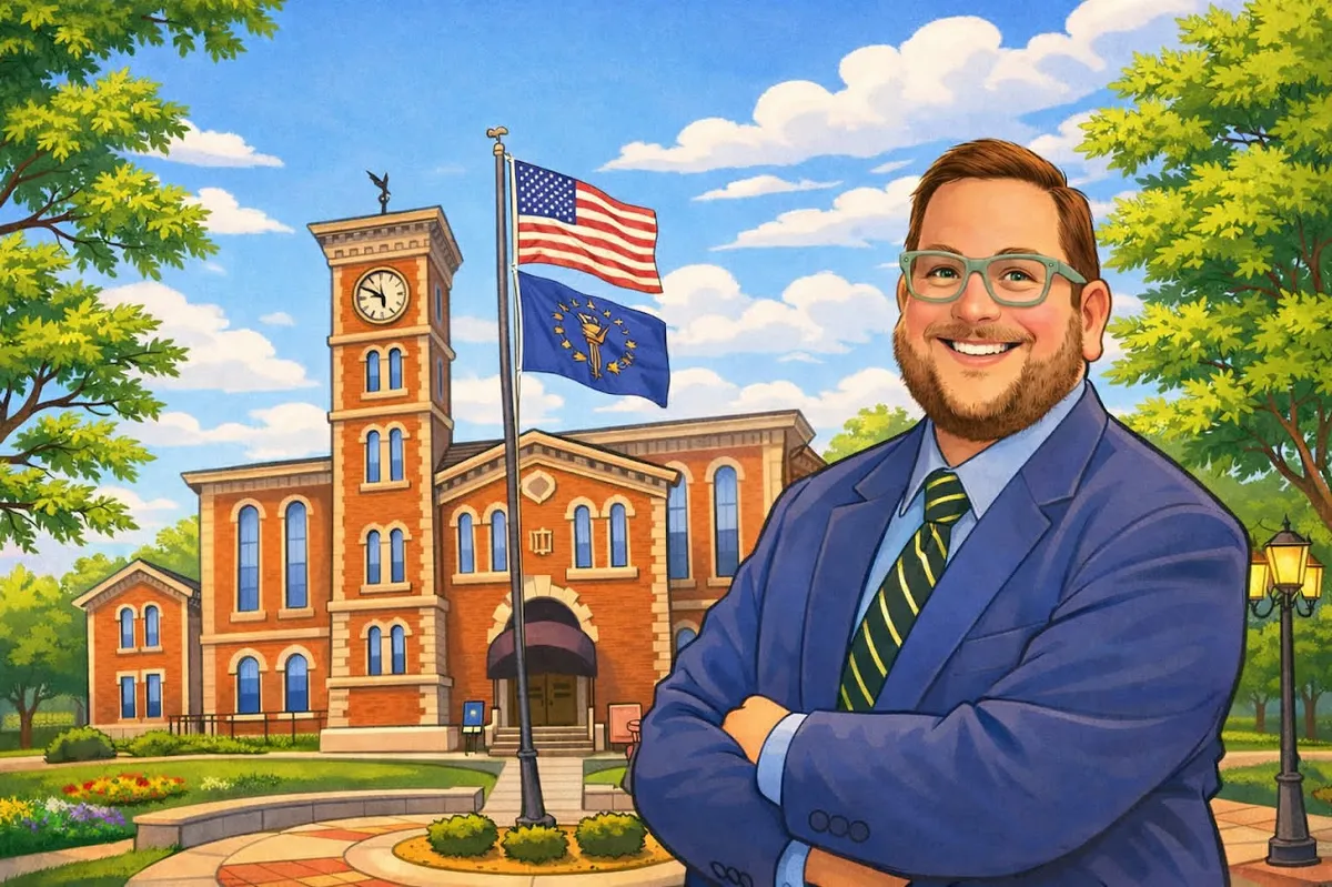 A smiling attorney in a blue suit stands confidently in front of a historic brick courthouse