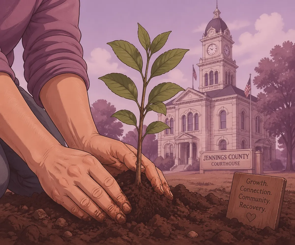 Hands planting a new tree sapling near the Jennings County courthouse, symbolizing personal growth and legal recovery