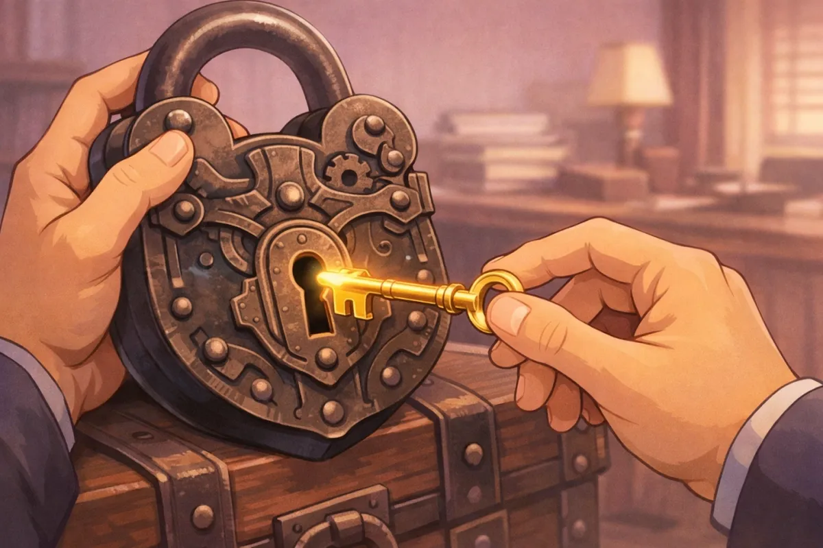 A golden key unlocking a complex padlock representing professional legal solutions for Indiana probate
