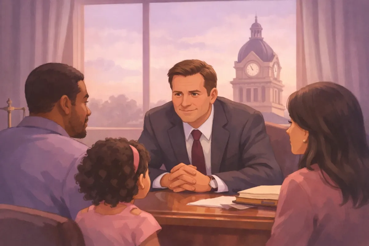 Attorney meeting with a family and their child in his North Vernon office